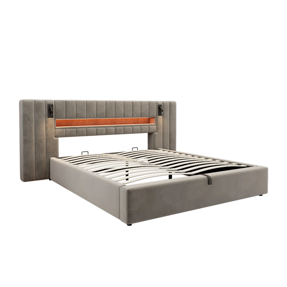 180x200 cm gestoffeerd tweepersoonsbedframe met opbergruimte, USB-poorten, LED-verlichting en bedlampje - matras niet inbegrepen