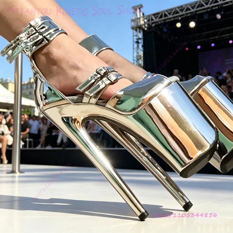 Rose Pink Mirror Gloss Sandals 9 Inches 23cm Belt Buckle Elastic Band Gold Peep Toe Silver Women Blue Shimmering Platform Heels