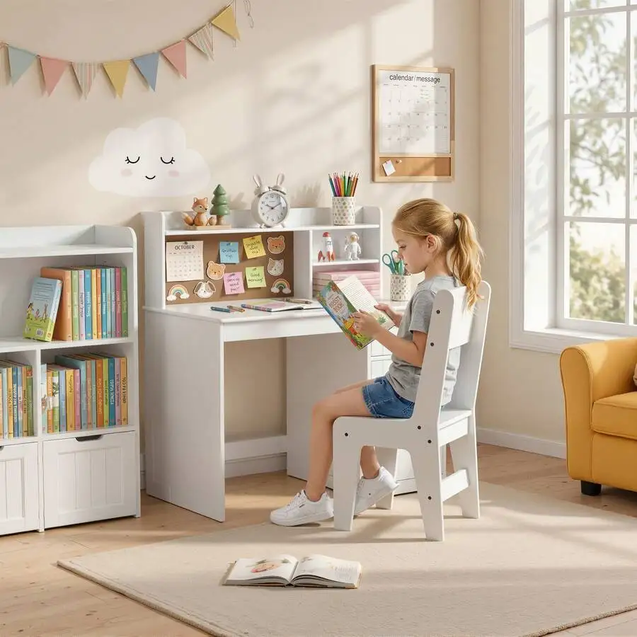 Asofer Kids Study Desk And Chair Set, Kids Study Desk With Hutch, Wooden Children Study Table With Storage Cabinet, Study Desk And Chair Set For Girls Boys,  White view 8