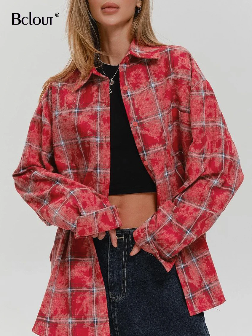 

Bclout Fashion Plaid Red Shirts Blouses Women 2024 Casual Cotton Long Sleeve Loose Shirts Streetwear Pockets Party Blouses Woman