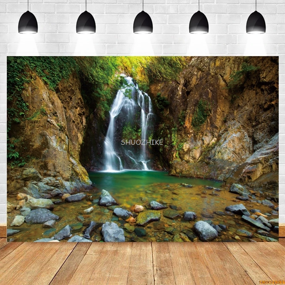 Фон с природным водопадом для фотографии, лесные деревья, река, камень, пейзаж, взрослый детский портретный фотофон, фотостудия