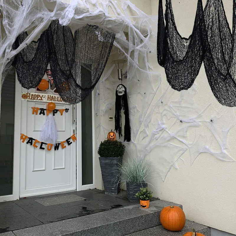 2M/4M Halloween-Dekorationen, schwarzes gruseliges Gaze-Tuch, Fenster, Tisch, Tür, Netz, gruseliges Kostüm, Party, Spukhaus, Wand, DIY-Dekoration – Detail 1