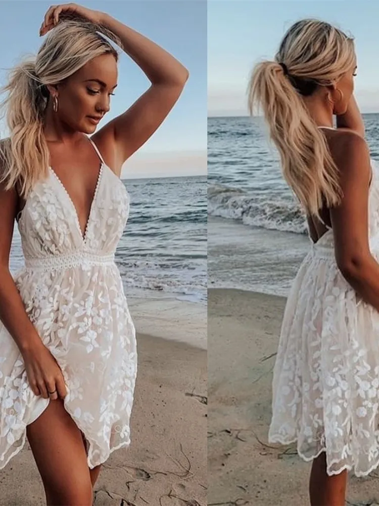 Moda sexy cinta de espaguete vestido branco mulher verão bordado malha renda sem costas vestido de praia para as mulheres novo casual mini vestido