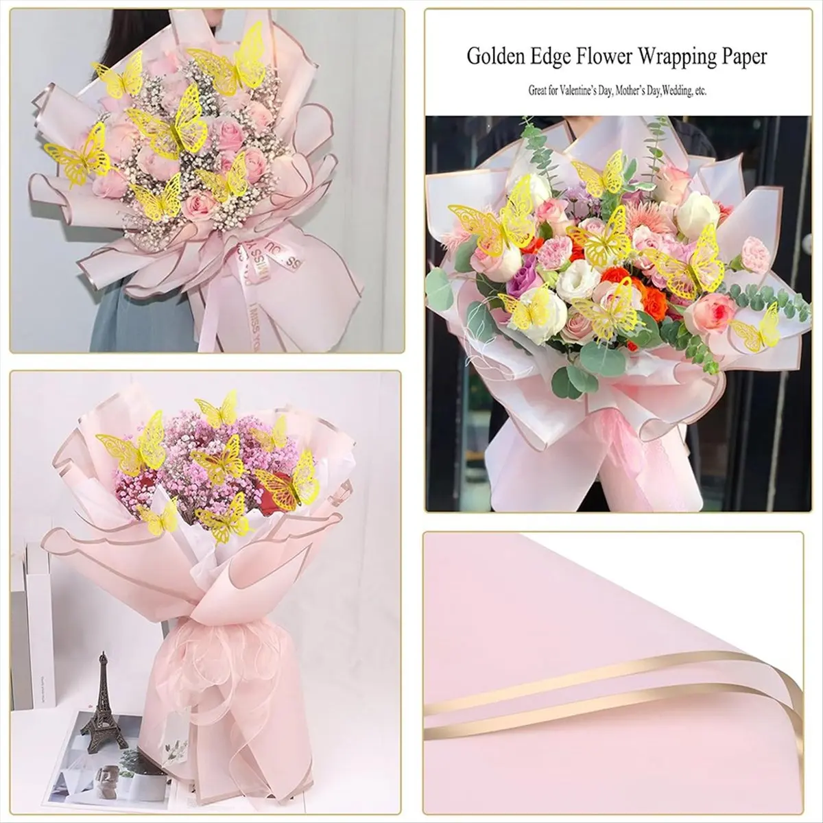 onsale 20 Sheets Gold Edge Flower Wrapping Paper With 48 Pcs 3D Gold Butterfly Stickers, Florist Bouquet DIY Craft
