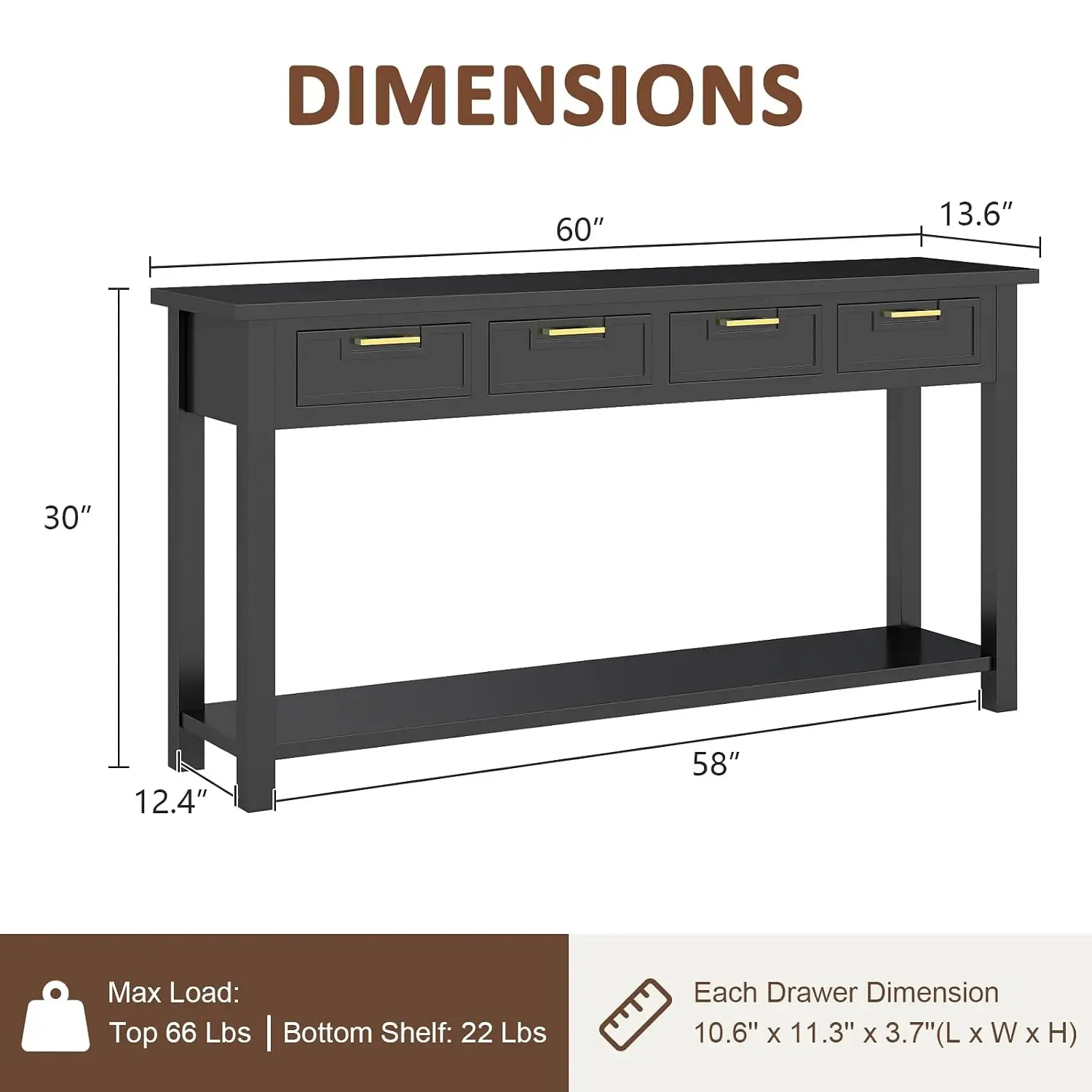 60 Inch Console Table w/4 Drawers & Bottom Shelf for Entryway, Customized