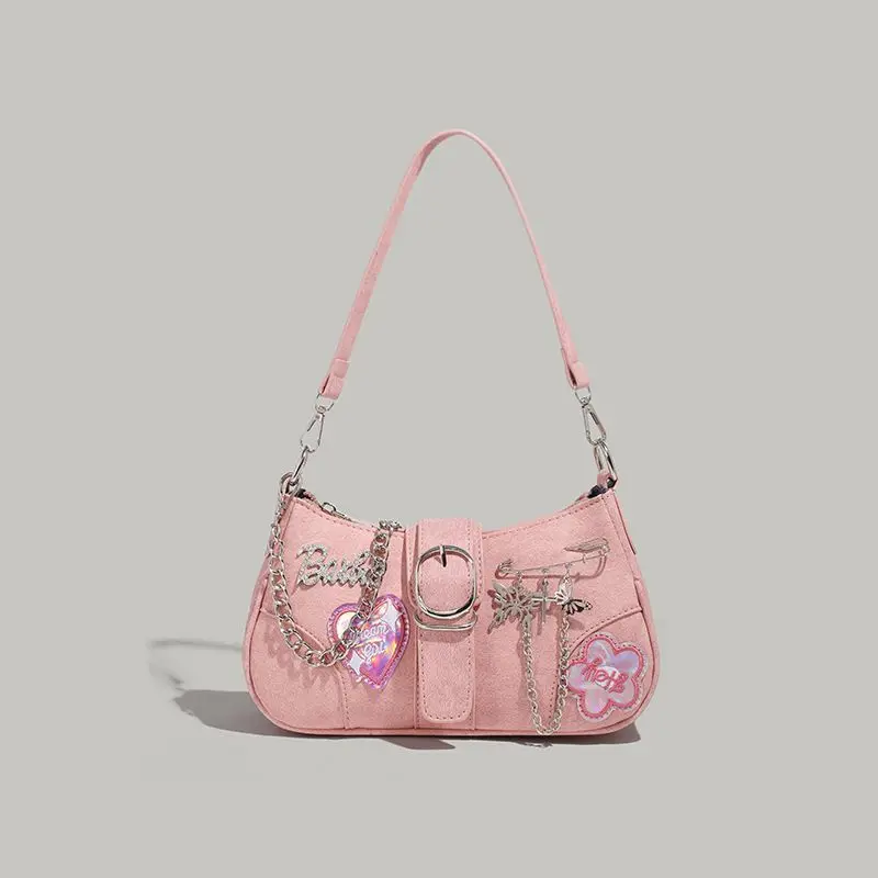 Y2k Pink PU Leather Shoulder Bags Fashion Heart Flower Printed Handbags for Women Spicy Girls Stylish Chain Underarm Bags