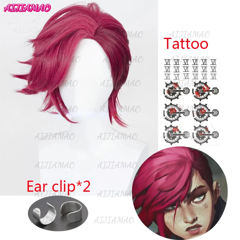 Gioco LOL Arcane Vi parrucca Cosplay VI 30cm rosa profonda corta resistente al calore capelli sintetici Anime gioco di ruolo parrucche + parrucca Cap