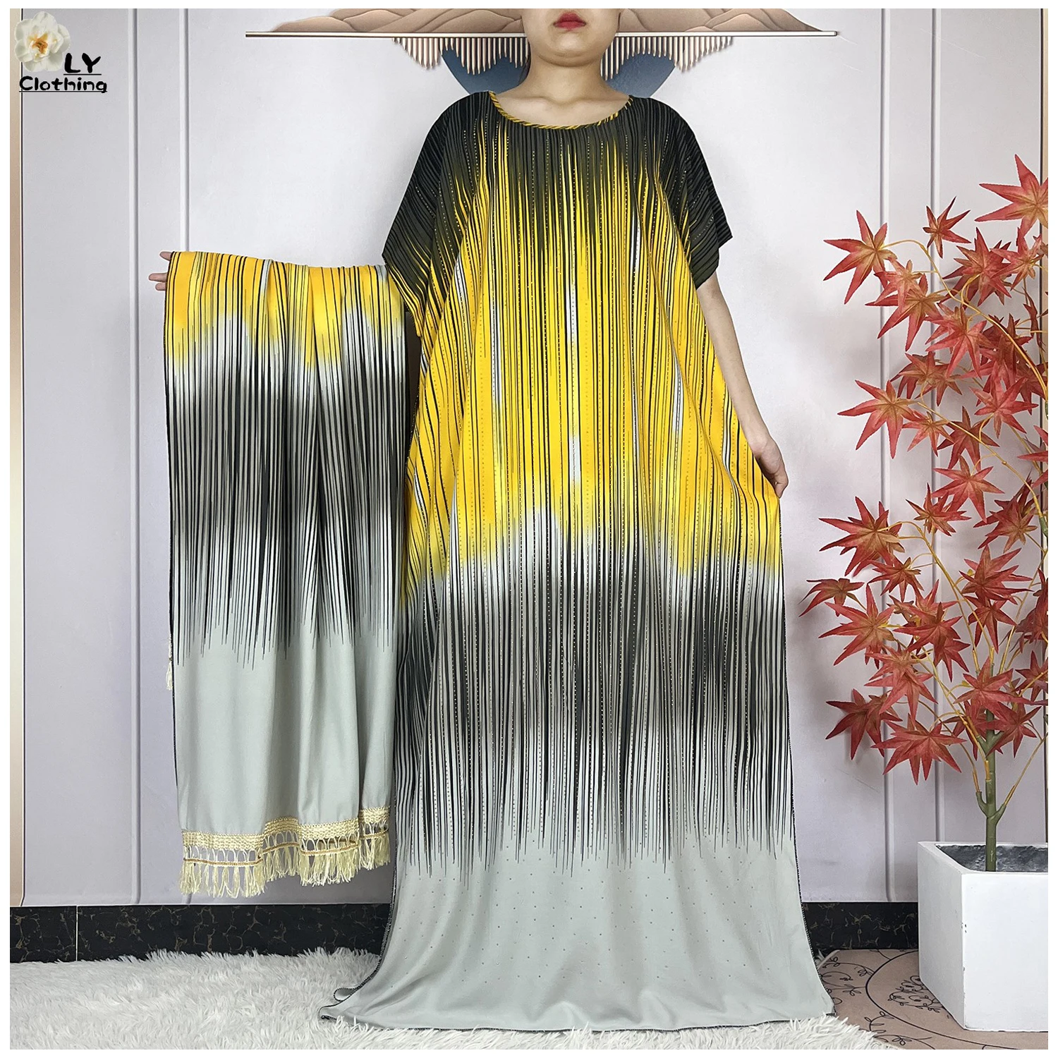 

Latest Summer Short Sleeve Dresse With Big Scarf African Dashiki Cotton Printing Floral Loose Caftan Dubai Woman Elegant Dress