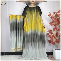 Latest Summer Short Sleeve Dresse With Big Scarf African Dashiki Cotton Printing Floral Loose Caftan Dubai Woman Elegant Dress