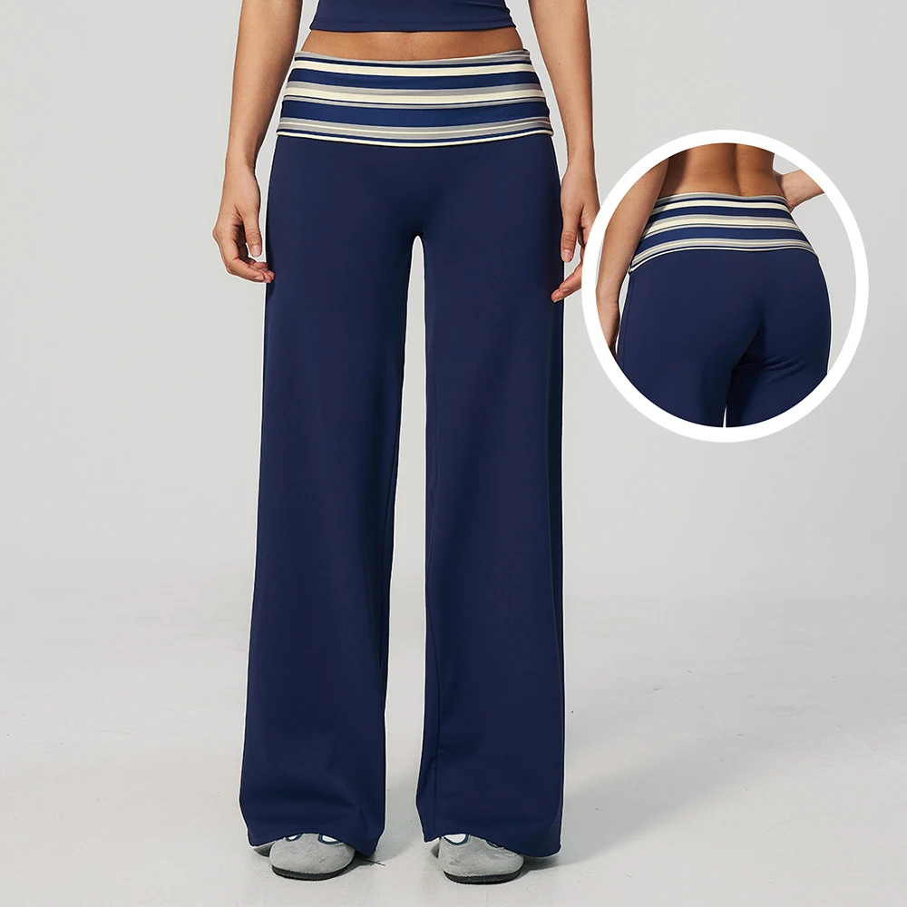 Gym Running Fitness Bell Bottoms Women High Waist Yoga Pants Fold Over Waist Stripe Polka Dot Butt Lift Workout Wide Leg Pants