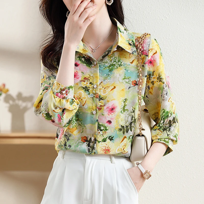 

Women's Fashionable New Long-Sleeved Shirt Casual Flower Print Print Single-Breasted Shirt Tops Spring Comfortable Button Shirts