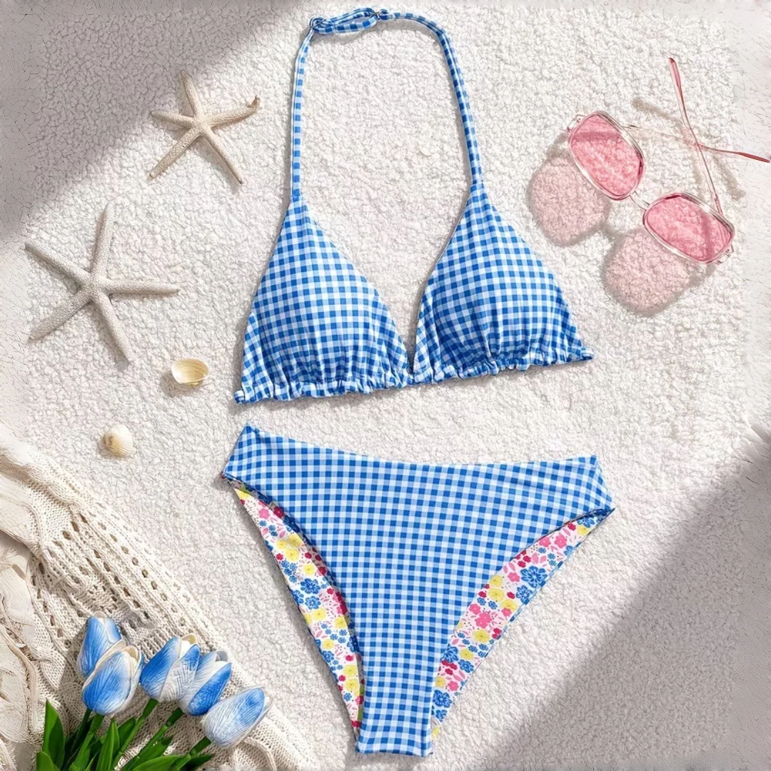 

Blue Color Girl's 2 Piece Swimsuits Floral Halter Triangle Wireless Bikini Bathing Suit Teen And Tween Girls Tankini Swimwear