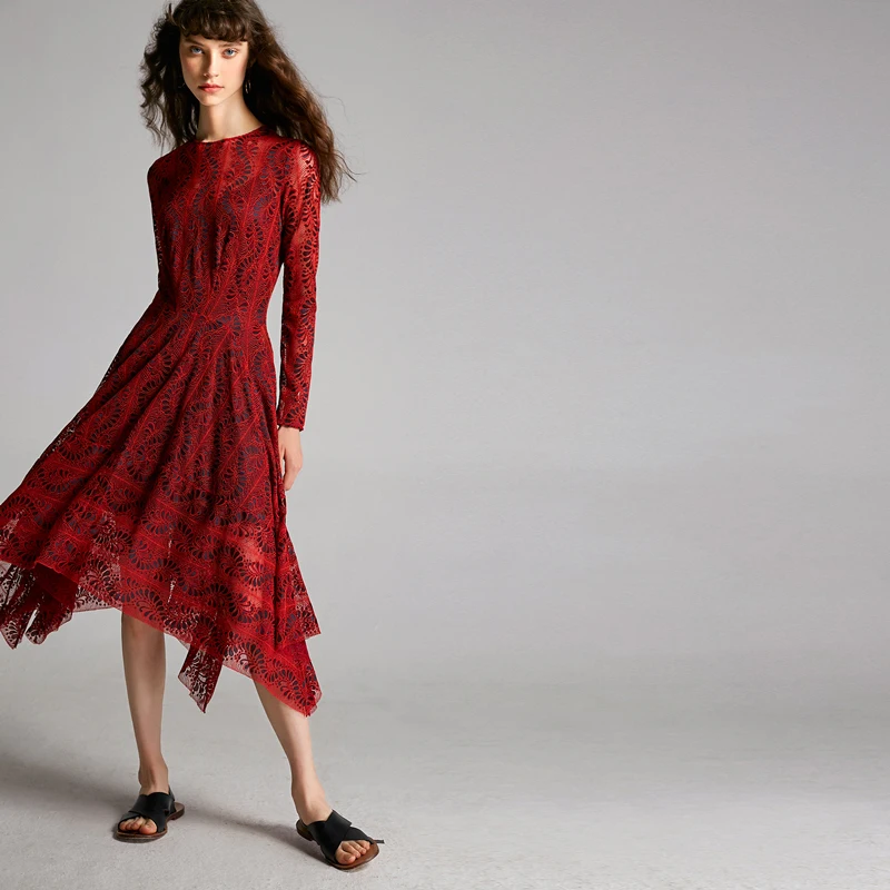 Vestido de encaje calado con estilo exótico, dobladillo Irregular, mezcla de aodón y seda, moda de otoño, vestido de mujer ...
