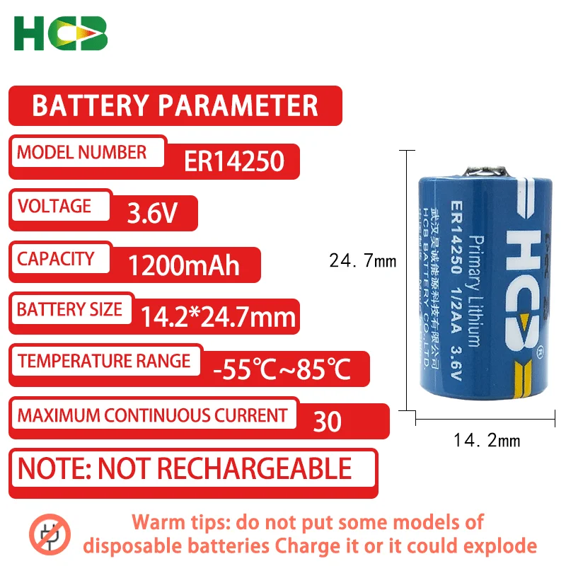 HCB ER14250 Add XH2.54 Plug Disposable Lithium Battery 3.6V Electric Meter ETC Temperature Alarm RF Radio Frequency Tag