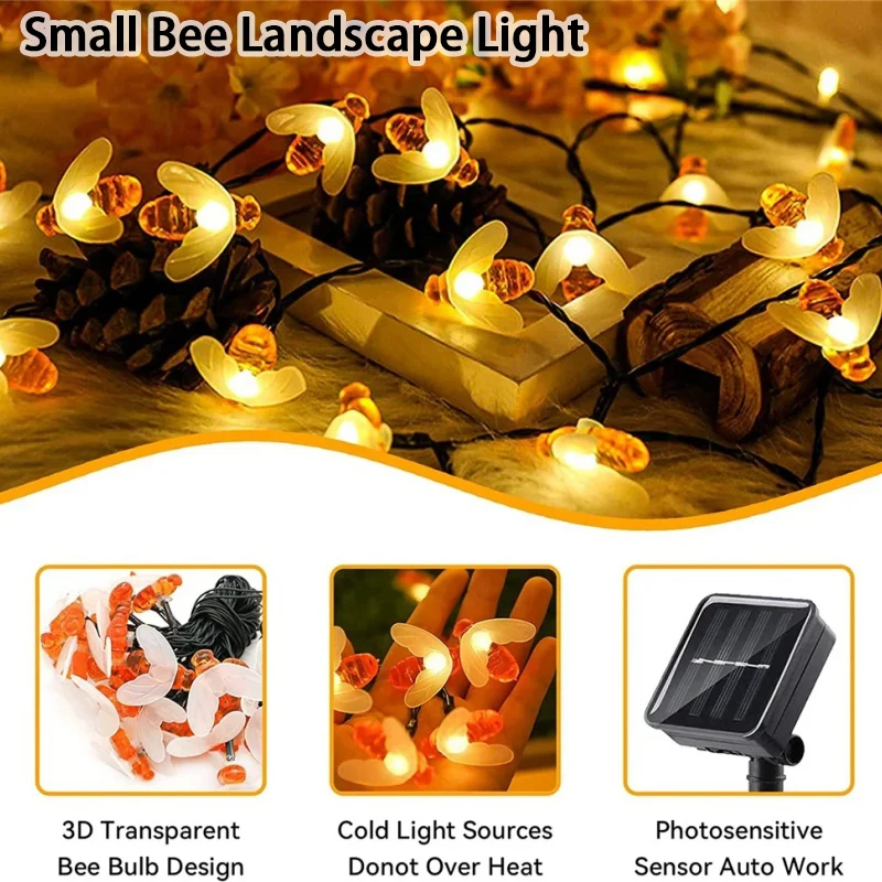 

Solar Bee LED String Lights Outdoor Holiday Party Lighting Night Lamp for Garden Tree Fence Balcony Christmas Wedding Decoration