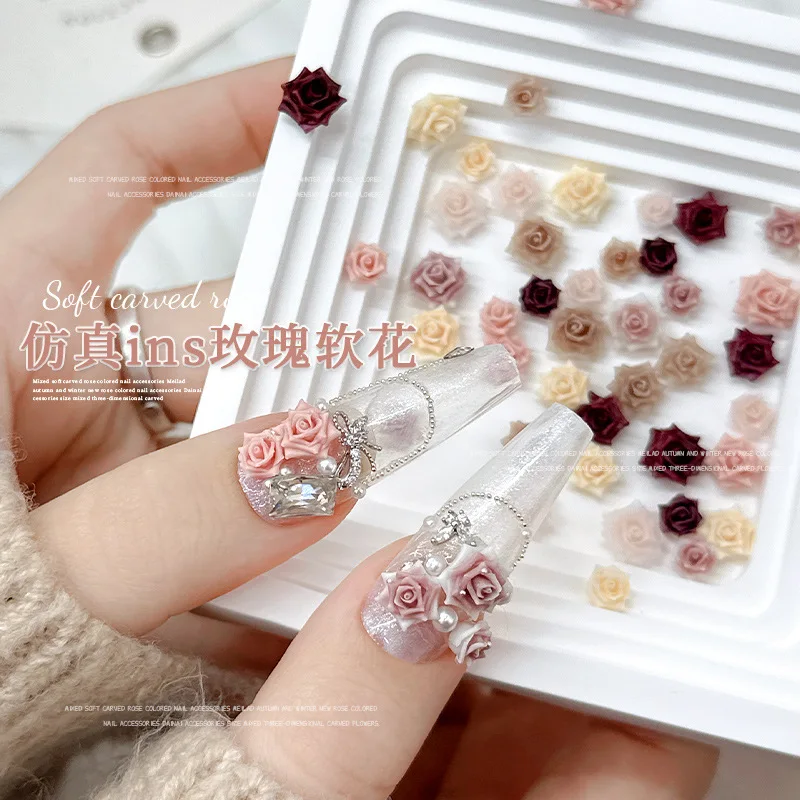 30PCS 3D Acrylic Soft Rose Flower Nail Art Charms Mixed Size Camellia Accessories For Nails Decoration Supplies Manicure Product
