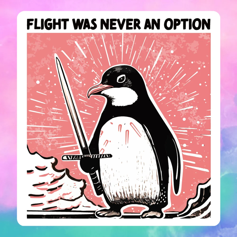 3pcs Penguin Sword FLIGHT WAS NEVER AN OPTION, Retro Comic Style Stickers