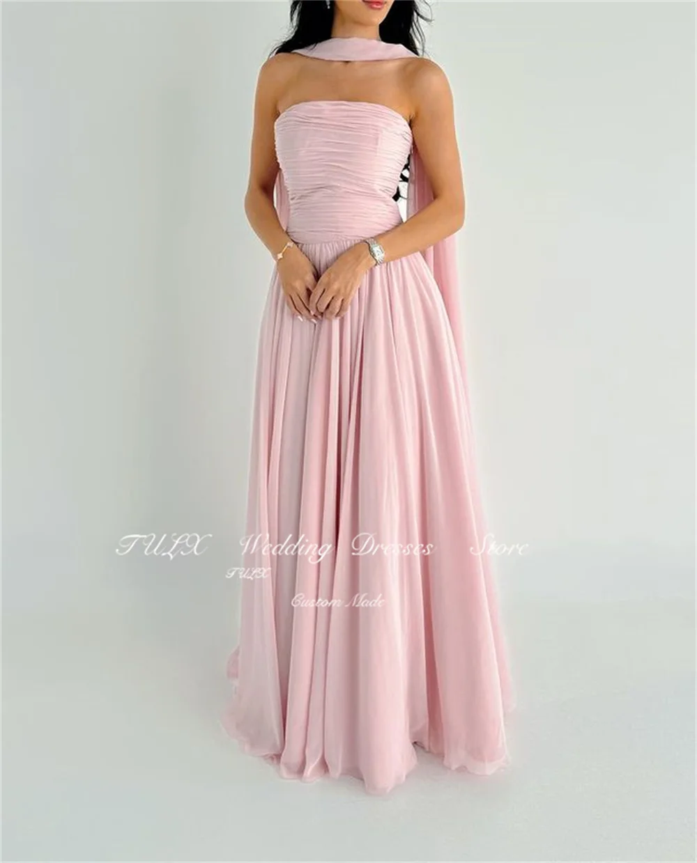 TULX Light Pink Strapless Chiffon Evening Dress With Long Scarf Sleeveless Floor Length Elegant Party Dress Formal Gown Custom