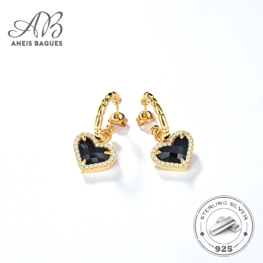 Aneis Bagues Real 925 Sterling Silver 18K Gold Plated Heart Shaped Black Zircon Fashion Stud Earrings For Women Jewelry Fine