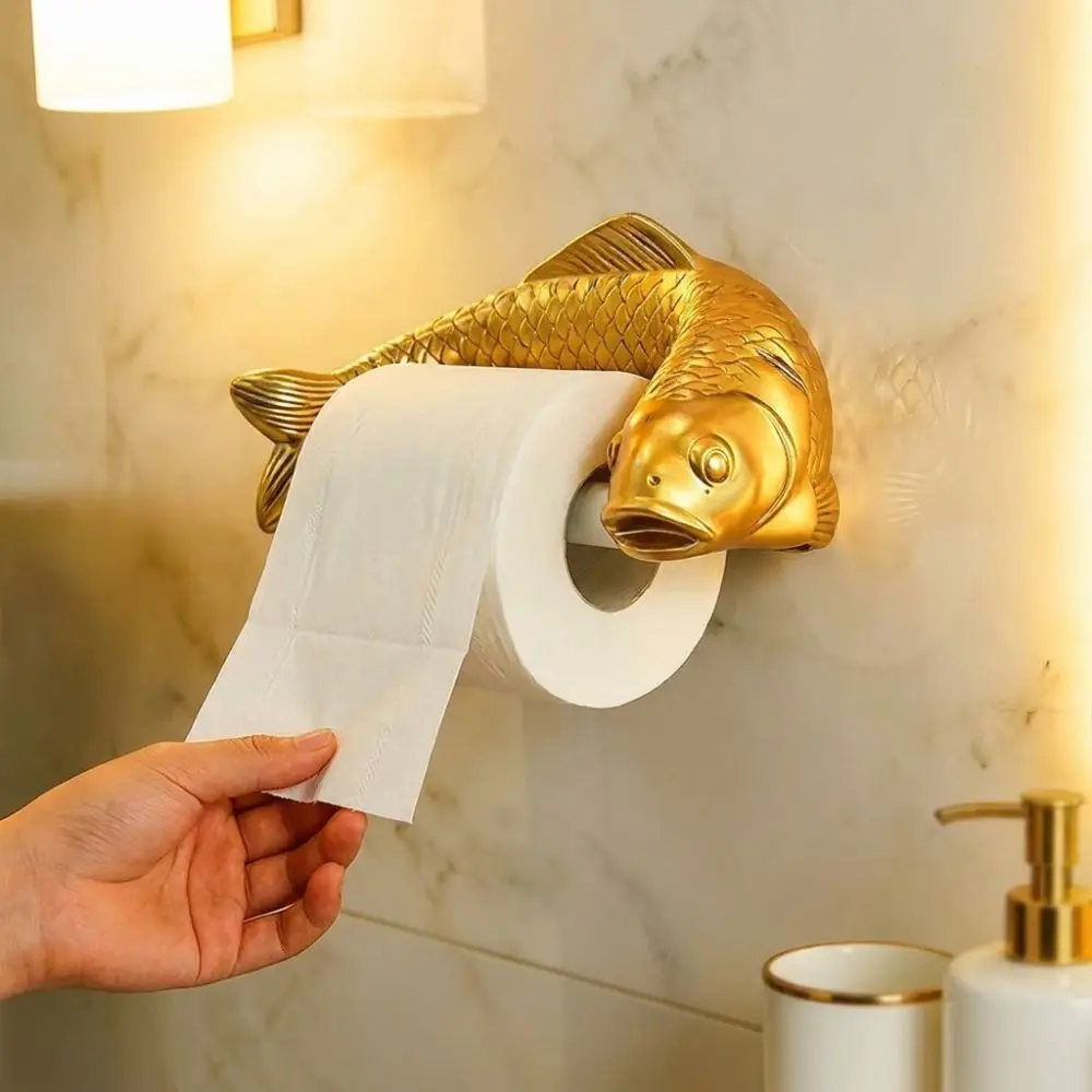 Golden Carp Toilet Paper Roll Holder Wall-Mounted Waterproof Plastic Bathroom Tissue Dispenser Punch-Free Vintage view 3
