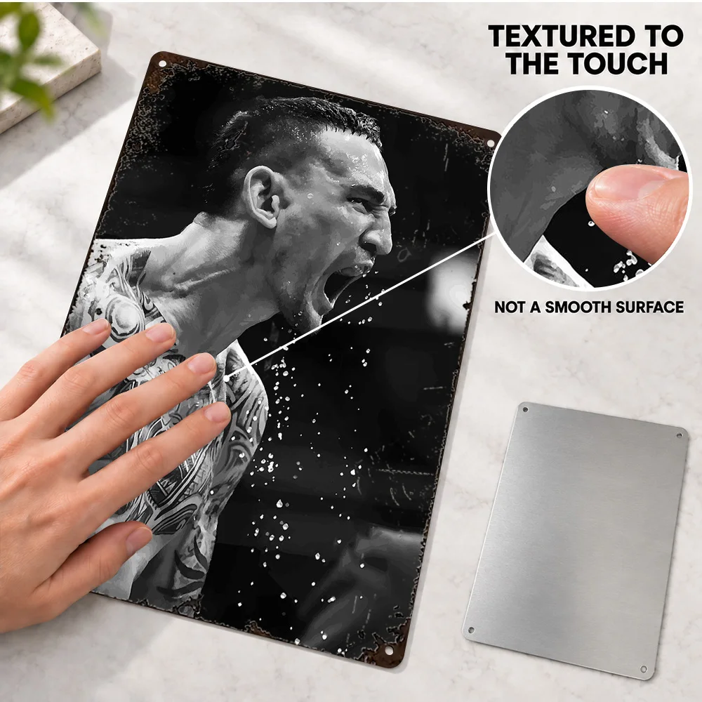 Max Holloway MMA Fighter Textured Metal Poster Customized Aluminum Sign Roaring Monochrome Closeup Wall Art For Fitness Studio