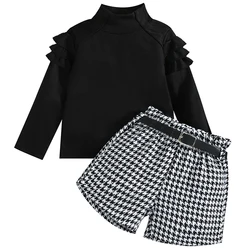 3Piece Spring Fall Toddler Girl Clothes Korean Fashion Solid Long Sleeve Black Tops+Plaid Shorts+Belt Kids Clothing 2024 BC1252