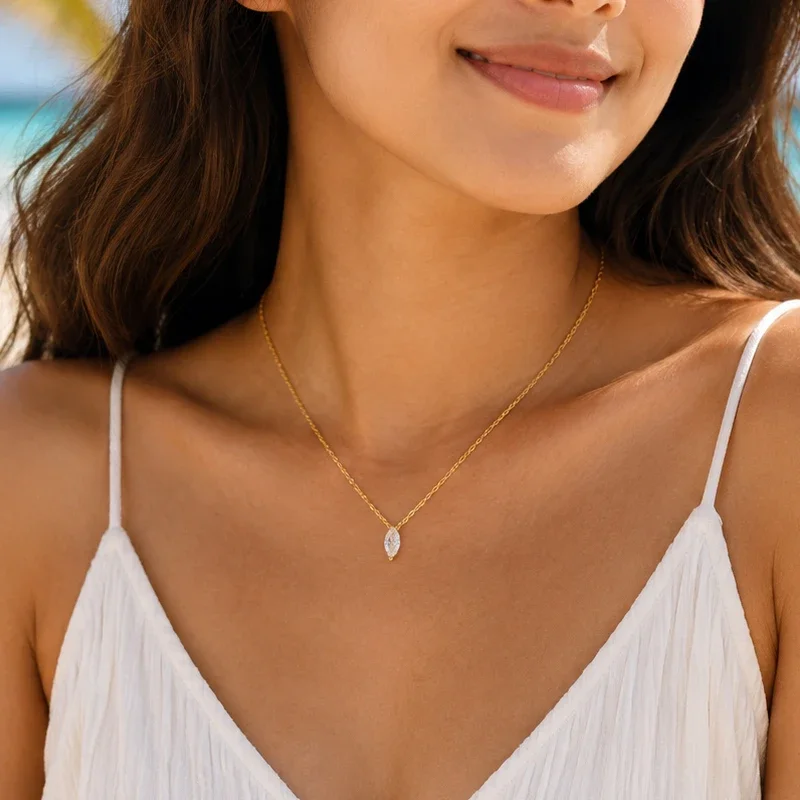 Dainty Marquise Eye Shape CZ Pendant Necklace, 14K Gold Plated Long Lasting Tarnish Free, Fashion Jewelry Necklace for Women