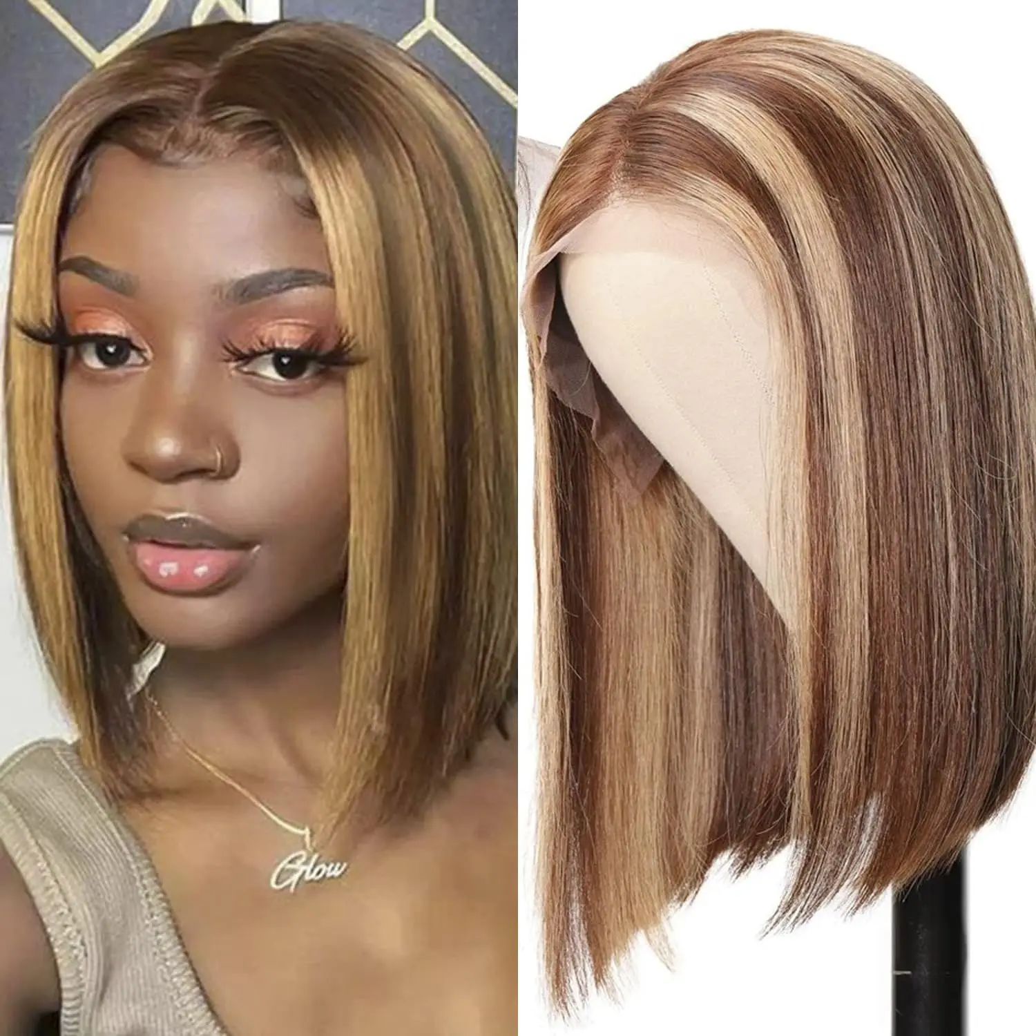 Highlight Bob Wig Human Hair Wigs Brazilian Straight 4X4Laceclosur Wig For Women Colored Honey Blonde P4/27 Bob Lace Frontal Wig