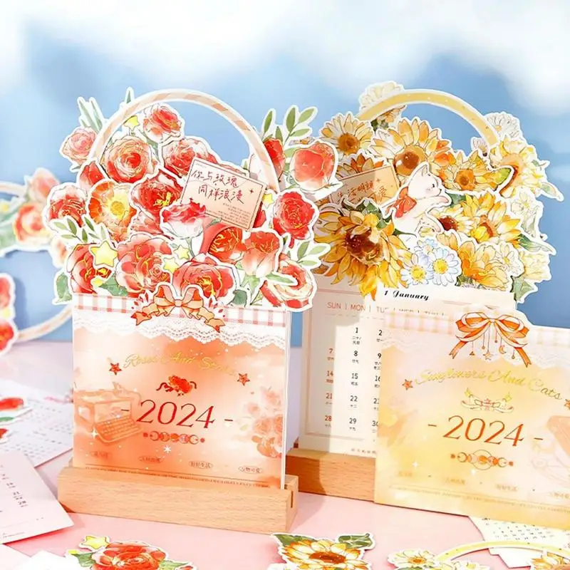 2024 Bloomy Flowers Calendar Desk Calendar Tabletop Calendar Standing Monthly Calendar Year For Home School Desktop Decorations