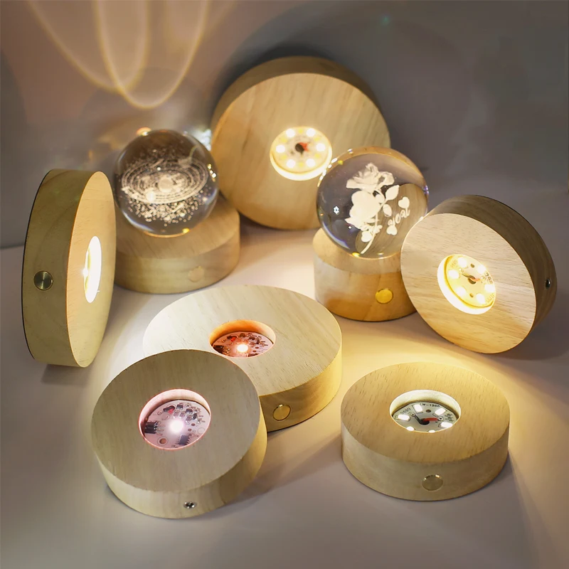 7CM Creative DIY Wooden Luminous Lamp Holder Touch Switch Rechargeable LED Light Dispaly Base Crystal Glass Resin Art Ornament