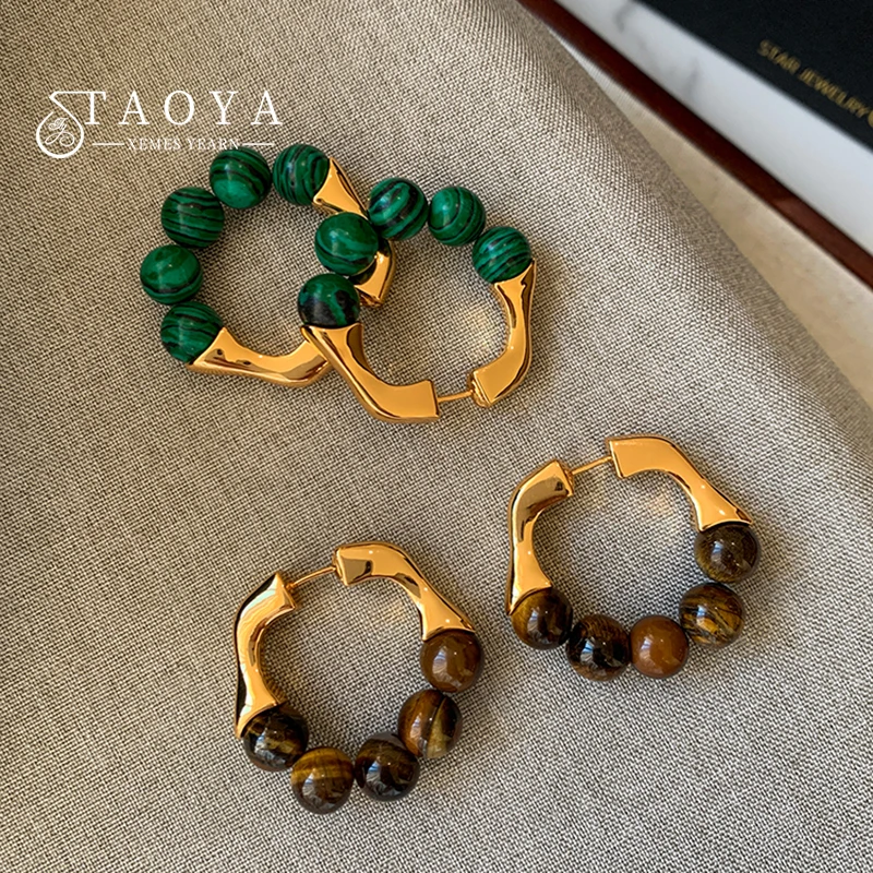 

French Vintage Natural Tiger Eye Stone Pendant Copper Alloy Gold Color Earrings for Women's Party Luxury Jewelry New Accessories