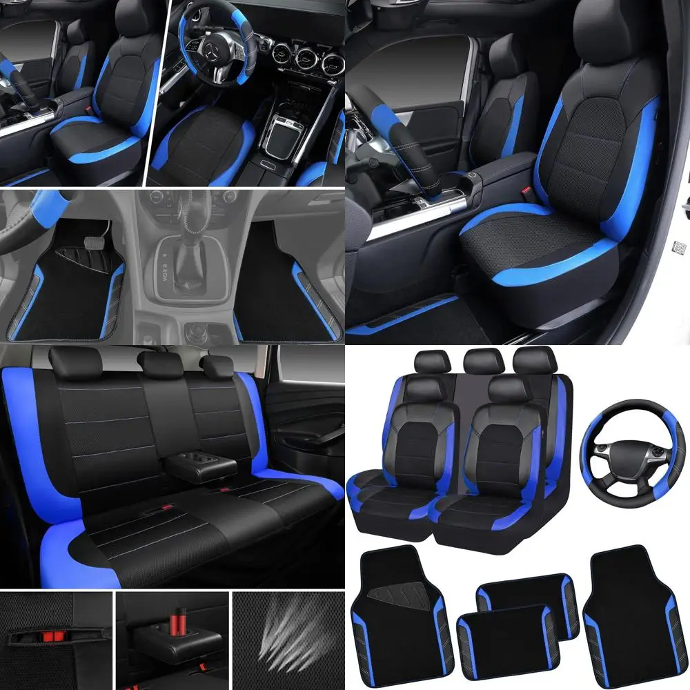 

Полный комплект кожаных чехлов на автомобильные сиденья с воздушной сеткой, водонепроницаемые автомобильные коврики, спортивный чехол на руль 14,5-15 дюймов, универсальный подходит для