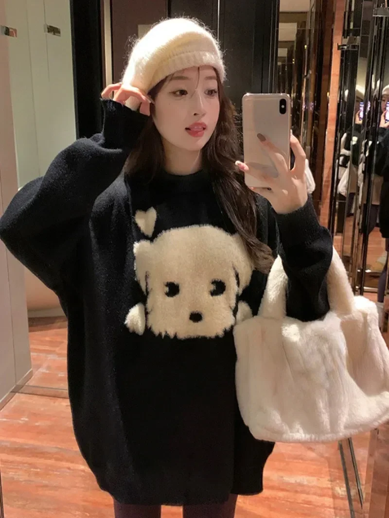 Y2K O-Neck Sweaters Black Cartoon Dog Print Pullovers Knitted Preppy Style Sueter Mujer Harajuku Japanese Women Vintage