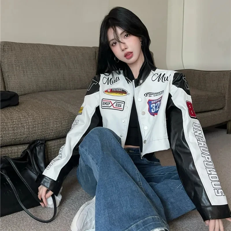 2025 Spring Autumn Coat American Street Hot Girl Motorcycle Couple Leather Jacket PU Leather Embroidered Baseball Uniform Jacket