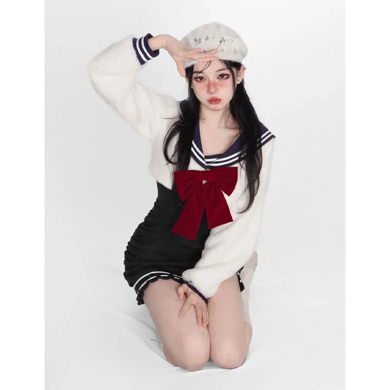 2025 خريف جديد Y2k لطيف مجموعة سترة فستان البدلة Preppy البحرية طوق القوس بأكمام طويلة البلوز الأسود تريكو فستان النساء الملابس #5