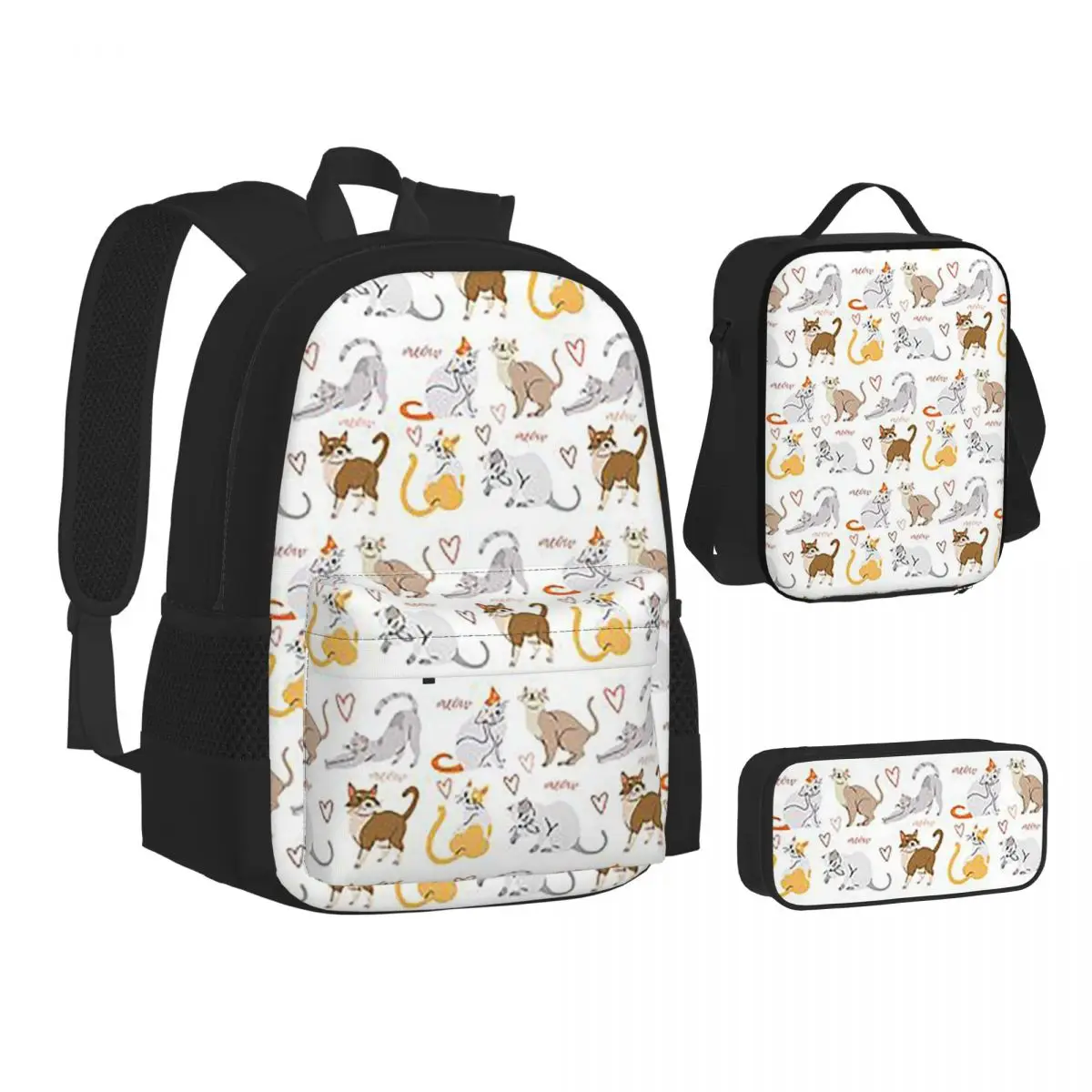 

Gray Ginger And Siamese Kittens Cats Backpacks Children School Bags Kids Rucksack Lunch Bag Pen Bag Three-Piece Set