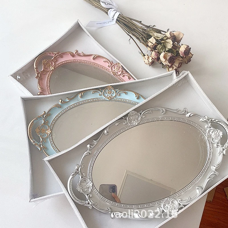 Bandeja de espejo de tocador Retro de estilo europeo, tocador, joyería, bandeja de almacenamiento de Perfume y cosméticos, decoración, adorno para el hogar