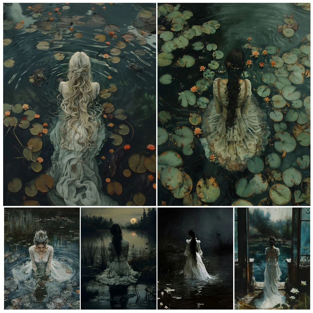 Goth Moody Victorian Wall Art Canvas Painting,The Lake And Ophelia, Ghost Dark Academia Art Poster And Print Home Decor Unframed