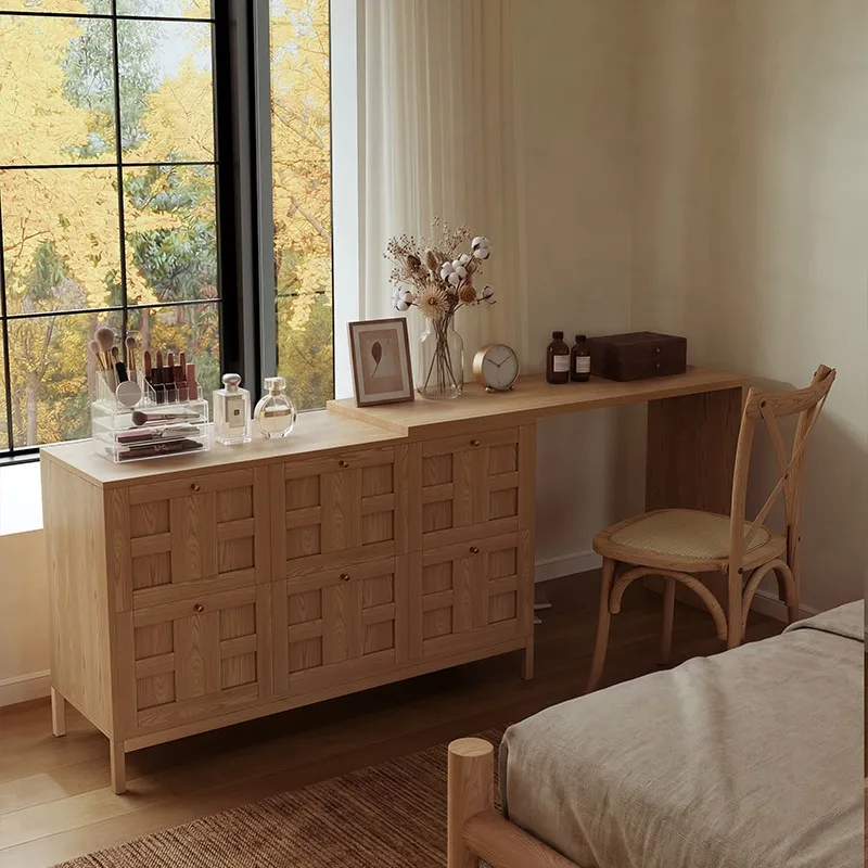 Wooden dresser, chest, integrated log French natural antique style bedroom, bedside cabinet, corner makeup table