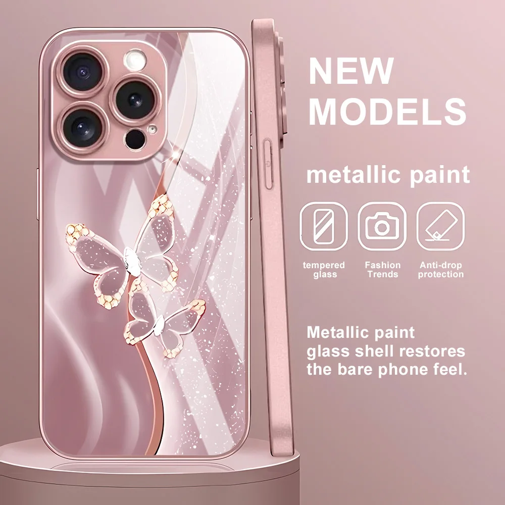 Pink Butterfly Tempered Glass Case For Samsung S26 Ultra S24 S25 A56 5G A55 A53 A54 S23 S22 Plus A33 A34 A35 A36 A13 A17 A16 A26