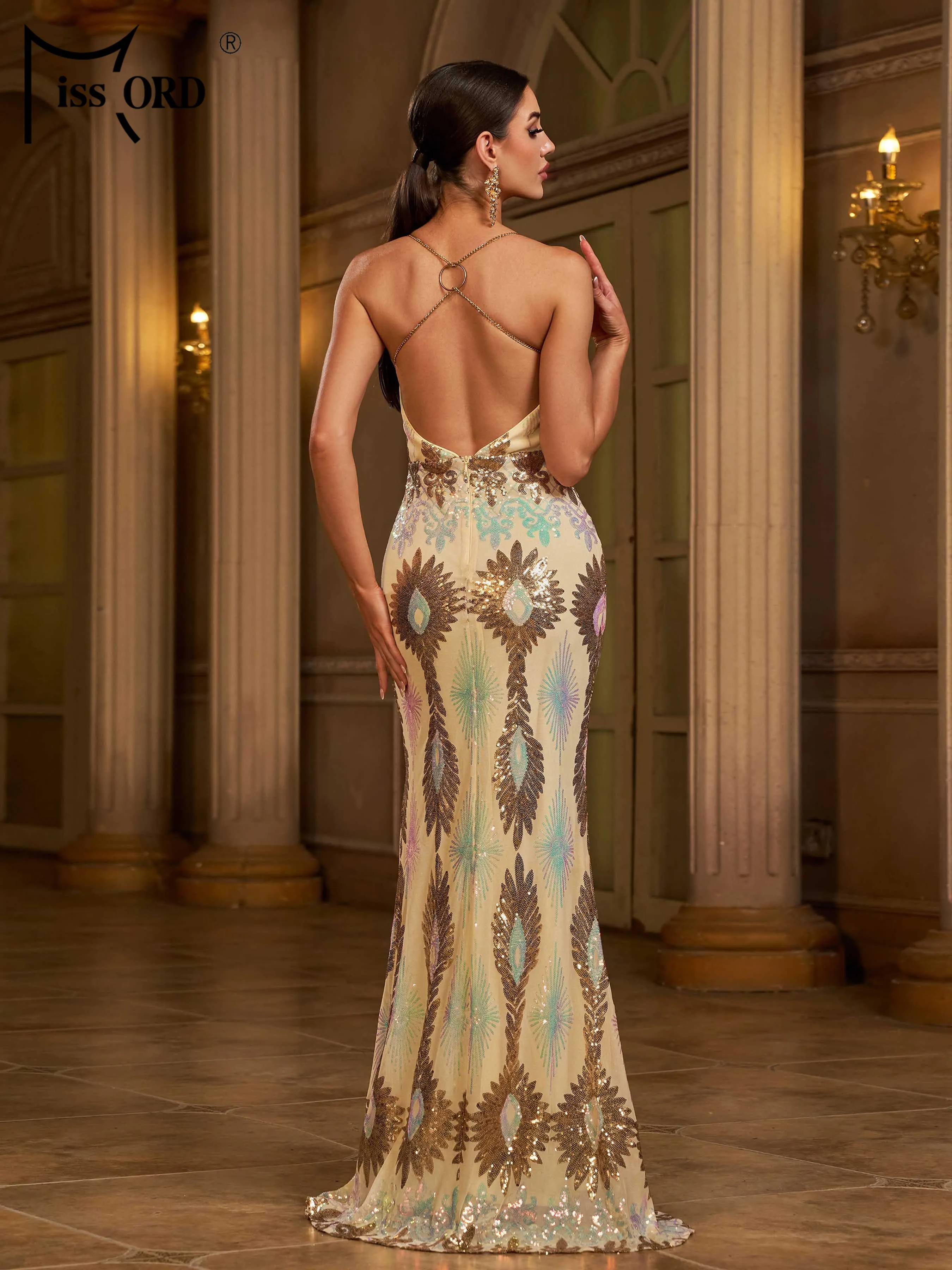 Missord New Spaghetti Backless Sequin Split Evening Gown Wedding Birthday Party Formal Occasion Summer Maxi Cocktail Dresses