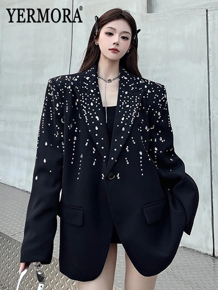 

YERMORA черный элегантный блейзер со стразами и пряжкой для женщин, свободная новая куртка с лацканами и длинными рукавами, модная весна-осень 2025