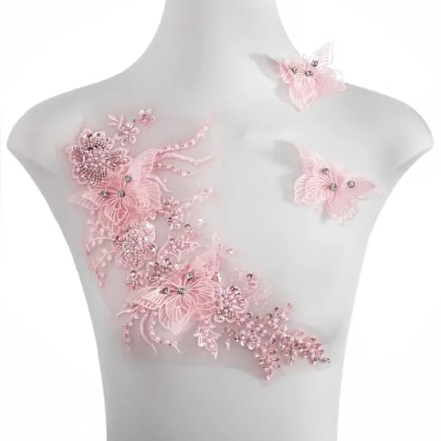 

Flower Pearl Fabric Rhinestones Beaded Lace Applique, 3D Butterfly Embroidered Lace Patch for Clothes, Dress