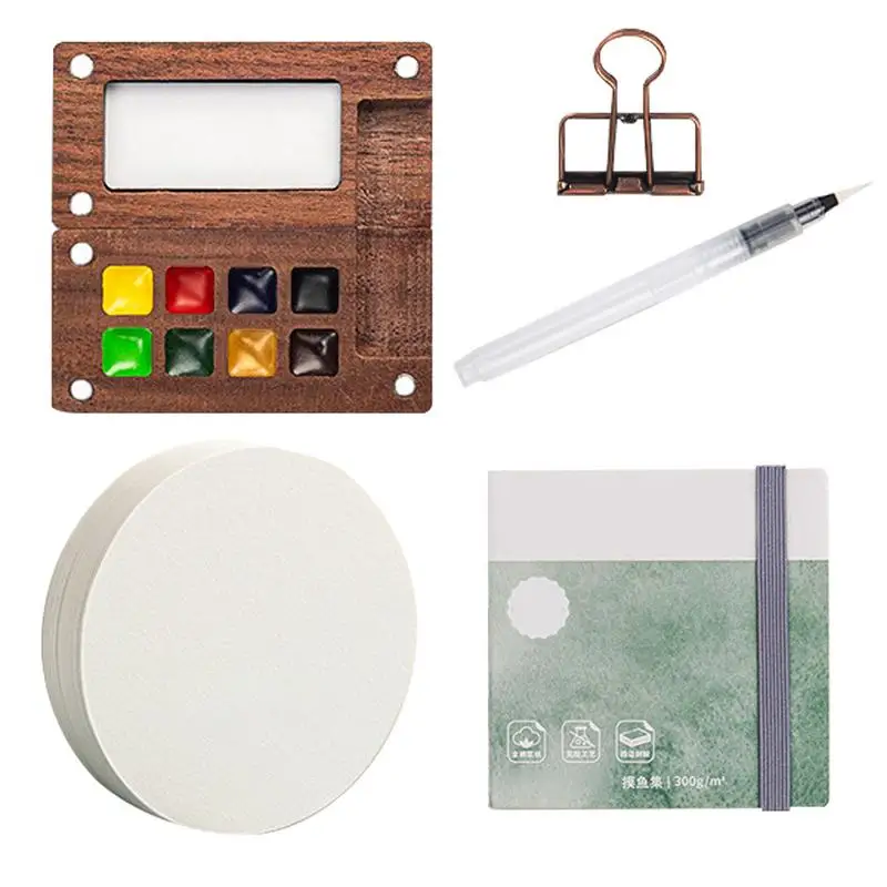 Portable Pocket Watercolor Travel Set 8 Grids Wooden Grid Paint Box Watercolor Paper Pad Watercolor Sketch Book Watercolor Brush