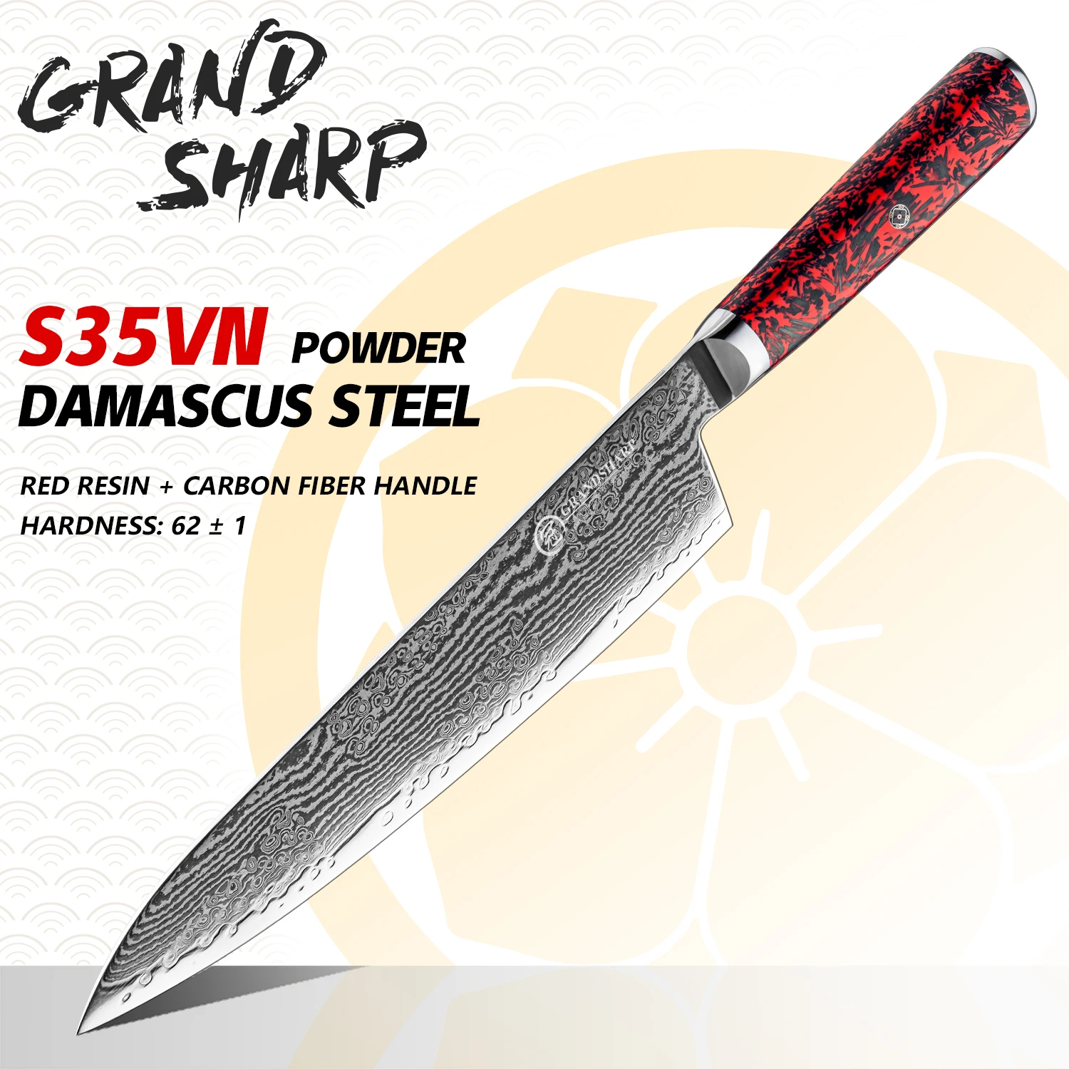 Grandsharp 8''Chef Knife 67 layers Japanese Damascus Steel Red Resin Handle Utility santoku cleaver kitchen cooking Knives