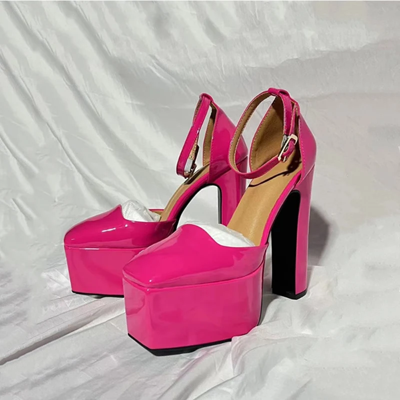 여성용 블랙 스퀘어 토 플랫폼 블록 힐 펌프, 두꺼운 밑창 버클 하이힐 샌들, 여성용 패션 신발, 2024 핑크