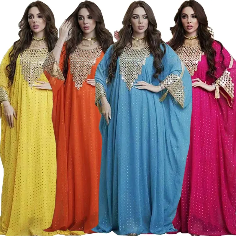 

Muslim Kaftan Abaya Dress Women Dubai Abayas Luxury Sequins Evening Gown Chiffon Elegant African Dress Dashiki Boubou Robe Femme