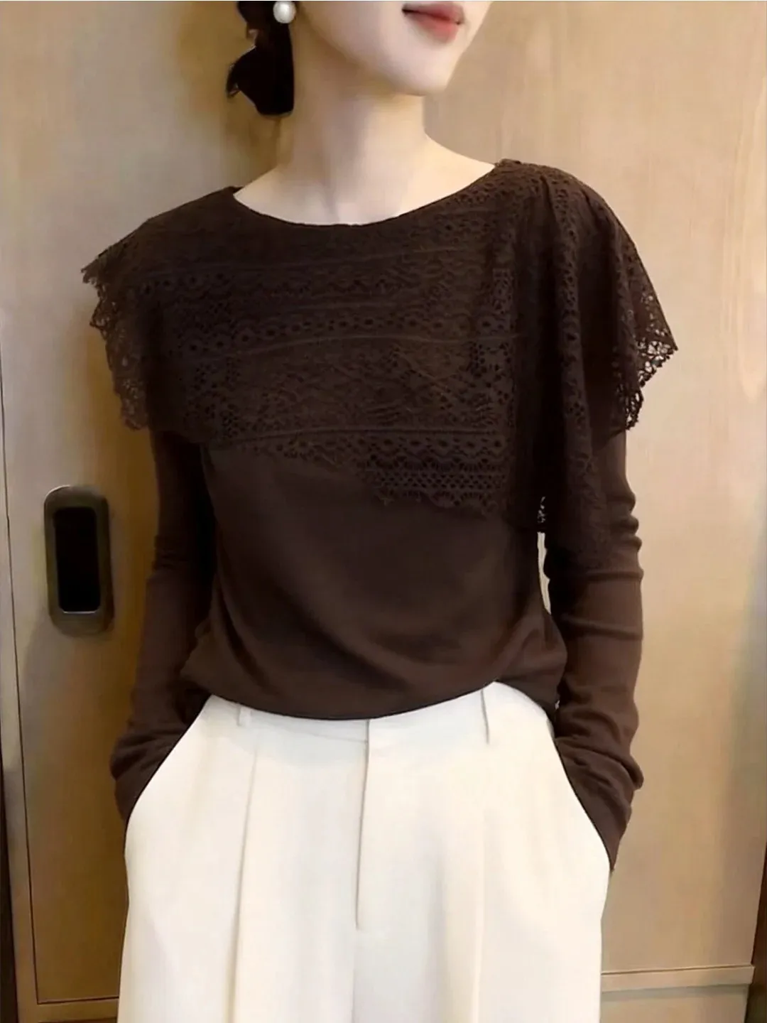 Unique Large Size Lace Hollow out Women's Top Beautiful Casual Style Long Sleeve round Neck Pullover Knitted Sweater