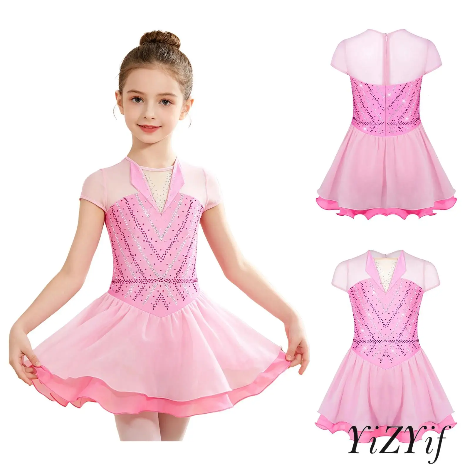 

Girls Ballet Dance Competition Dress Short Sleeve Back Invisible Zipper Rhinestone Mesh Patchwork Ruffle Figure Skating Outfit