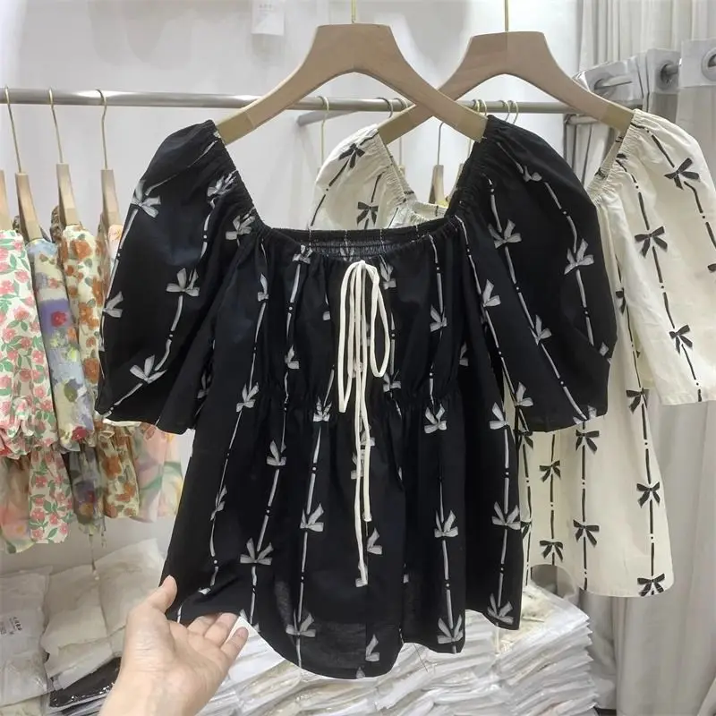 Korean Commute Bow Printed Short Sleeve Blouses 2024 Summer Women\'s Patchwork Ruched Elastic Loose Slash Neck Drawstring Shirts